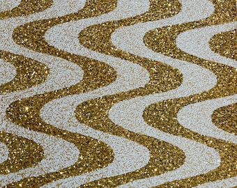 Gold Sequin Stretch Velvet Fabric: Wavy Line Design, 5mm Sequins