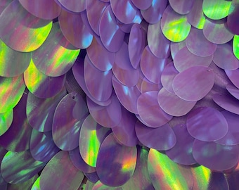 Lavender Iridescent Jumbo Oval Paillette on a Mesh by the yard | Jumbo Tear Drop Sequins Fabric | Mia Fabrics Inc