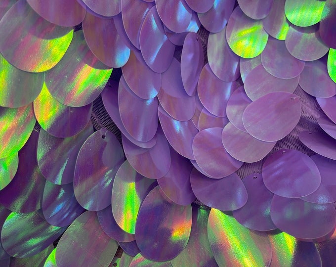 Lavender Iridescent Jumbo Oval Paillette on a Mesh by the yard | Jumbo Tear Drop Sequins Fabric | Mia Fabrics Inc