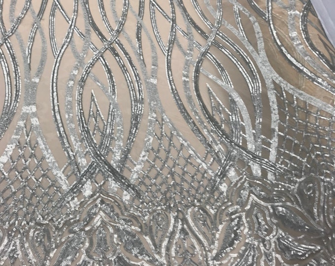 Matte Silver Sequins Lace Fabric On Nude Mesh Vines Design Embroidered On 4way Stretch Sequin By The Yard -Prom-Gown ( Choose The Size )