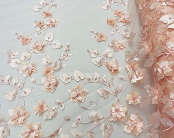 Peach 3D Floral Design Embroider and Beaded With Pearls On a Mesh Lace-Prom-Dress By The Yard