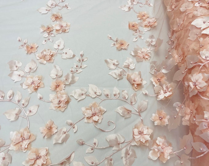 Peach 3D Floral Design Embroider and Beaded With Pearls On a Mesh Lace-Prom-Dress By The Yard
