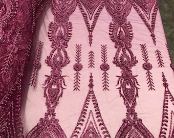 Magenta Beaded Lace Fabric, Embroidered Mesh, Prom Dresses