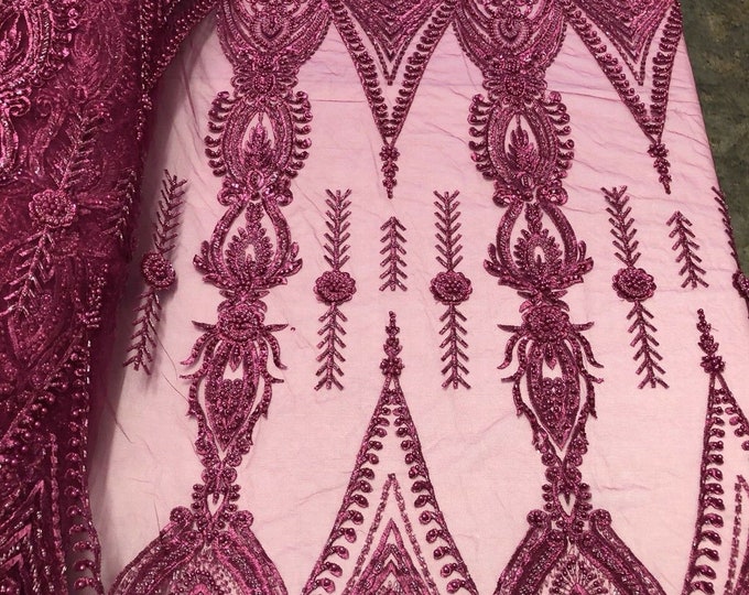 Mia Fabrics Inc, Magenta Beaded Fabric - by Yard - Embroider With Pearls and Heavy Beading on a Mesh Lace-dresses-prom