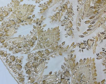 Champagne Beaded Fabric: Embroidered Butterfly Pattern, Bridal Wedding Fabric