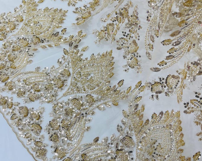 Champagne Beaded Fabric: Embroidered Butterfly Pattern, Bridal Wedding Fabric