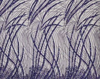 Purple Beaded Fabric Sold By The Yard, Fashion Design Beads and Sequins, Beaded Fabric Embroidered on a Mesh Lace,Wedding,Bridal,Dress