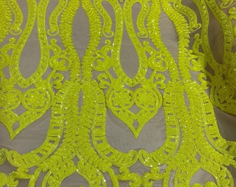 Yellow Sequin Damask Lace Fabric, Nude Mesh, 4-Way Stretch, By The Yard