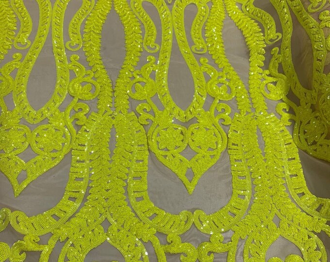 Yellow Sequins Lace Fabric On Nude Mesh, DAMASK Design Embroidered On 4 way Stretch Sequin By The Yard -Prom-Gown ( Choose The Size )