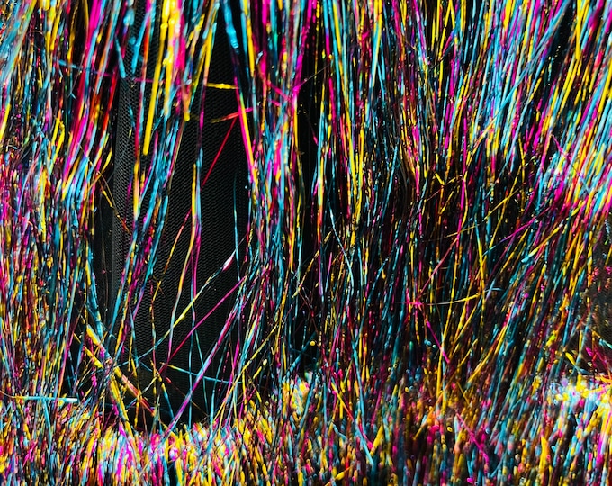 Multi Color Metallic Eyelash Design on a Mesh By The Yard, eyelash fabric Embroidered on 2 Way Stretch Fancy Fringe ( Choose The Size )