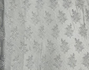 White & Metallic Silver Flowers With Sequins Corded Lace On Mesh Fabric By The Yard Used For -Dress-Bridal-Fashion