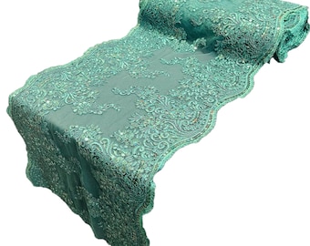 Metallic Hunter Green Floral Lace Fabric: Sequined Embroidery, 14" Wide