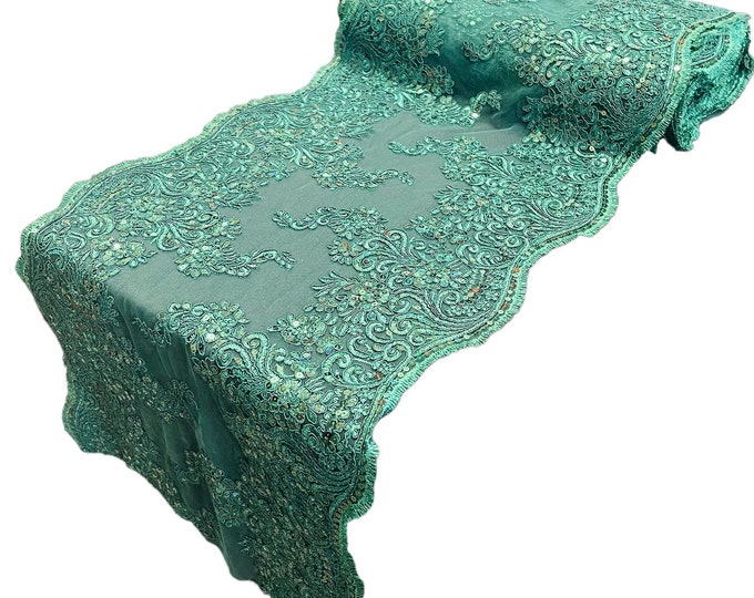 14”Wide Metallic Hunter Green Floral Lace Fabric For Runner, by the yard - Embroidery With Sequins on a Mesh Lace Fabric For Applications