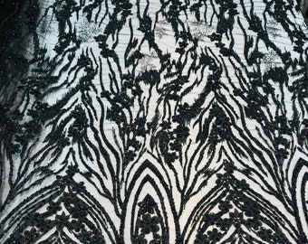Beaded Fabric - Black - Embroidered Flower Line Mesh Lace Fabric with Beads Sold By The Yard