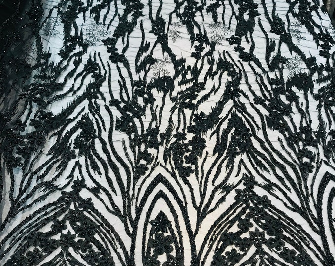 Beaded Fabric - Black - Embroidered Flower Line Mesh Lace Fabric with Beads Sold By The Yard