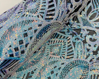 Iridescent Aqua Sequin Fabric: Royalty Embroidered Mesh, Prom Gown Fabric By The Yard