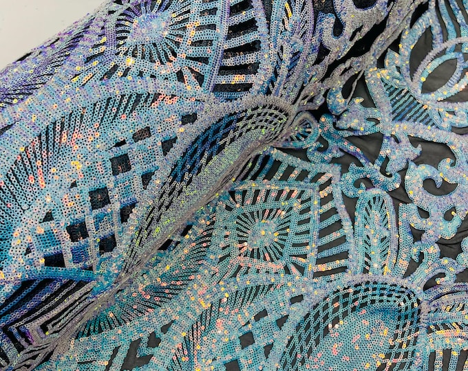 Iridescent Aqua/Blue Sequin Fabric, Royalty Design Embroidered With Sequin on a 4 Way Stretch Sequin Fabric Mesh-Prom-Gown By The Yard