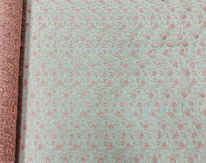 Metallic Pink Corded Lace Fabric by the yard - Flower Design Embroidered on Mesh Lace Fabric Floral, (Pick a Size)