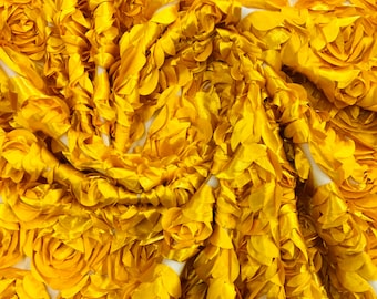 DK Yellow Rosette Fabric 3D Floral Fabric By The Yard, Peony Bouquet Fabric on Mesh, 3D Rosette Satin Fabric Wedding Decor