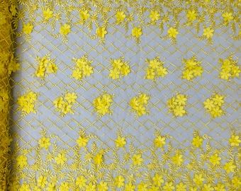 Mia Fabrics Inc, Yellow 3D Floral-Flower With Pearl, 3D Floral-Flower Bridal Wedding Lace Fabric by the Yard (Pick a Size)