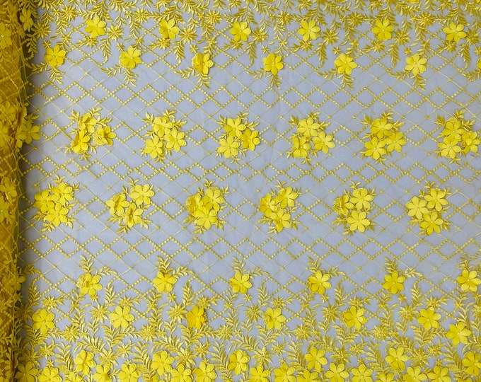 Mia Fabrics Inc, Yellow 3D Floral-Flower With Pearl, 3D Floral-Flower Bridal Wedding Lace Fabric by the Yard (Pick a Size)