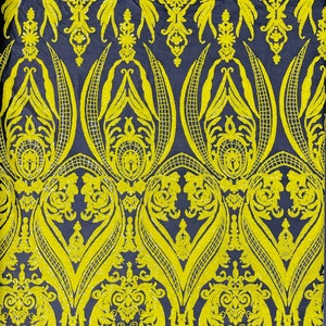 Yellow on Black  - 4 Way Stretch Fancy Big Damask Design Sequins on Spandex Mesh Prom Gala Gown Fabric By The Yard