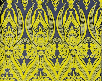 Yellow Damask Sequins Fabric: 4-Way Stretch Spandex Mesh, Prom Gown Material