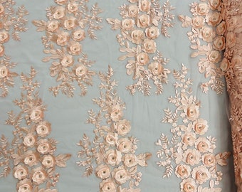Blush 3D Floral Lace Fabric by the yard, Flower Design Embroider With Rhinestones On a Mesh, Prom-Dresses-Nightgown-Apparel-Fashion
