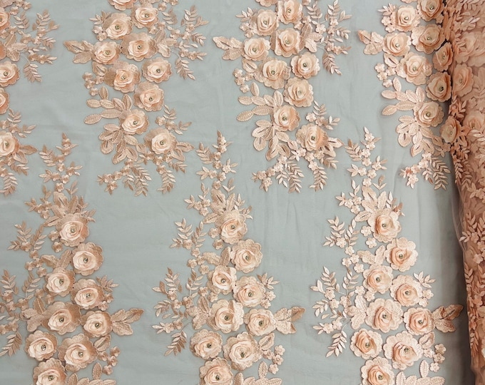 Blush 3D Floral Lace Fabric by the yard, Flower Design Embroider With Rhinestones On a Mesh, Prom-Dresses-Nightgown-Apparel-Fashion