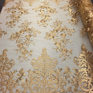 Gold Damask Design Embroidered on Mesh Lace Fabric, Floral Bridal Lace Wedding Dress by the Yard (Pick a Size)
