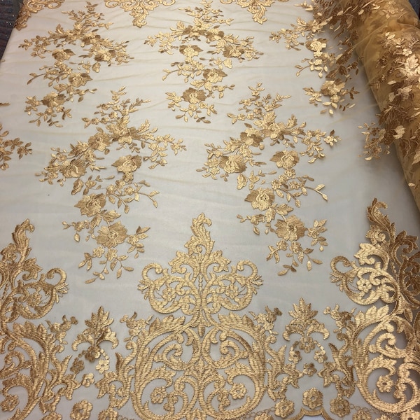 Gold Damask Design Embroidered on Mesh Lace Fabric, Floral Bridal Lace Wedding Dress by the Yard (Pick a Size)