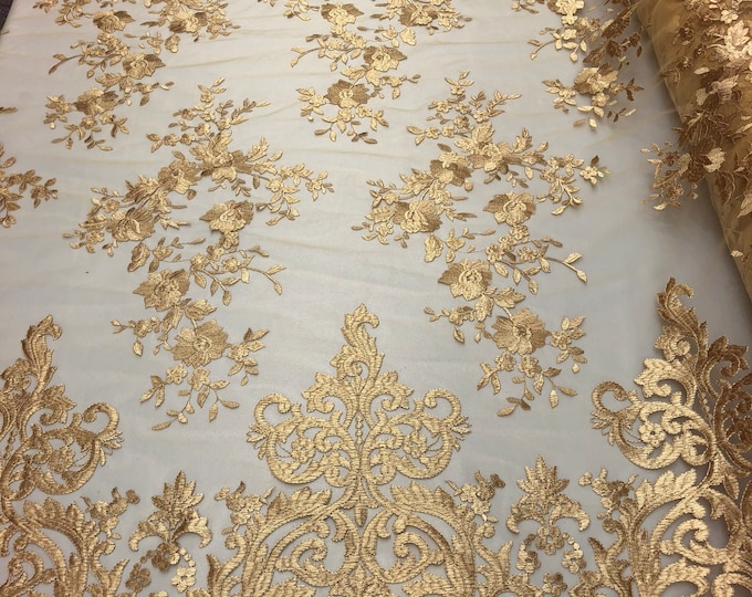 Gold Damask Design Embroidered on Mesh Lace Fabric, Floral Bridal Lace Wedding Dress by the Yard (Pick a Size)