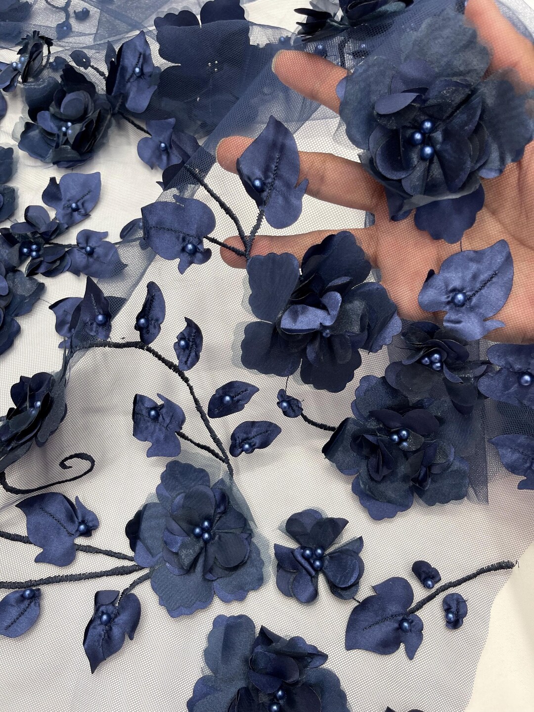 Navy Blue 3D Floral Lace Fabric With Pearls: Orquidia Design - Etsy