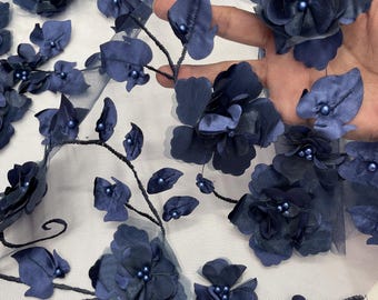 Navy Blue 3D Floral Lace Fabric with Pearls: Orquidia Design