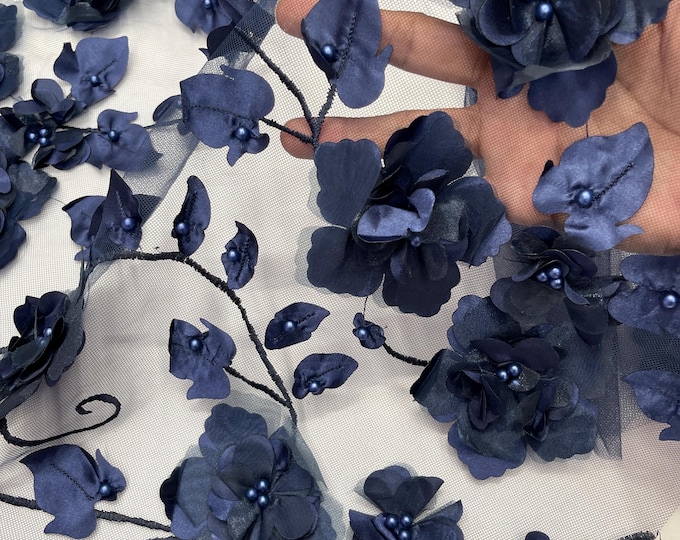 Navy Blue Orquidia 3D Floral Design Embroider With Pearls On a Mesh Lace Fabric, Orquidia Big 3D Flower Lace Fabric | Prom-Dress By The Yard