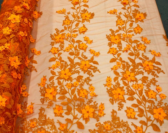Orange 3D Floral Design Embroider and Beaded With Pearls On a Mesh Lace-Prom-Dresses-Nightgown-Apparel-Fashion By The Yard