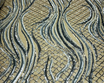 Sequins Fabric Two Tone Silver - Matte Silver Geometric Design 4Way Stretch Sequin Fabric Nude Mesh BTY