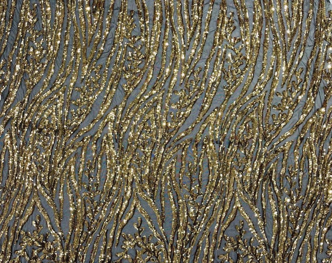 Gold Sequin Fabric 4 Way Stretch Fashion Design Sequins on Black Spandex Mesh Prom Gala Gown Fabric By The Yard