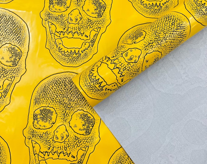 Yellow Skull Embossed Fake Leather Upholstery, By The Yard Skull Faux Fake Leather Vinyl Fabric, Embossed Skull Fabric Vinyl