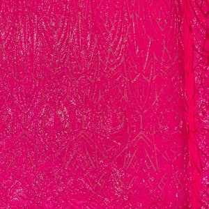 Hot Pink Holografische Pailletten Stof - Geometrisch Ontwerp 4 Way Stretch Iriserende Pailletten Stof Verkocht op maat gesneden