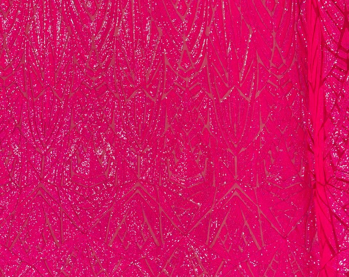 Hot Pink Holographic Sequin Fabric - Geometric Design 4 Way Stretch Iridescent Sequins Fabric Sold By The Yard