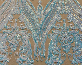 Aqua Iridescent Sequins  - 4 Way Stretch Fancy Big Damask Design Sequins on Spandex Mesh Prom Gala Gown Fabric By The Yard
