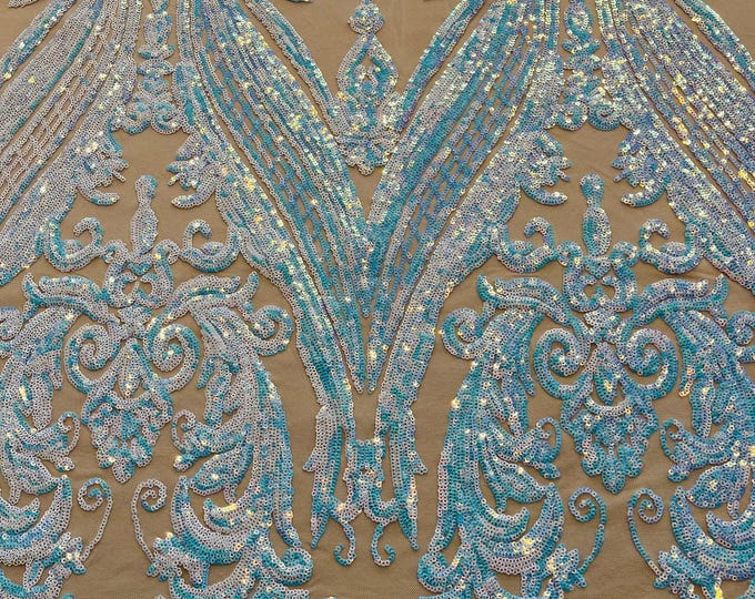 Aqua Iridescent Sequins  - 4 Way Stretch Fancy Big Damask Design Sequins on Spandex Mesh Prom Gala Gown Fabric By The Yard