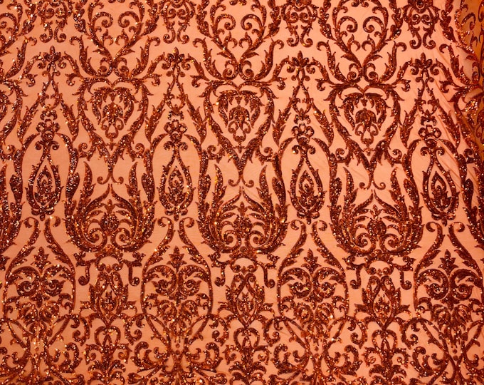 Holographic Burnt Orange Sequins Fabric | by the yard | Mesh 4 Way Stretch | Embroidered King Damask Design With Sequin Lace Prom-Gown