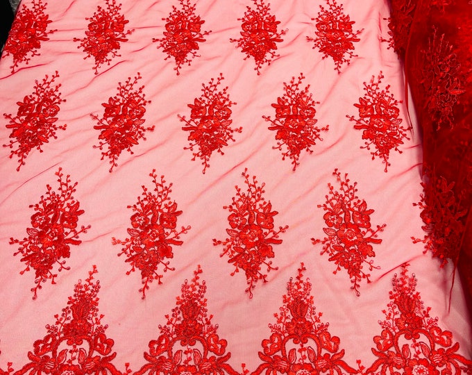 Red Flower Cluster Fabric - Embroidered Floral Design With Sequins on Mesh Lace Fabric by the Yard (Pick a Size)