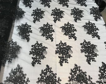 Black Floral Embroidered Lace Fabric with Sequins - Sold By The Yard