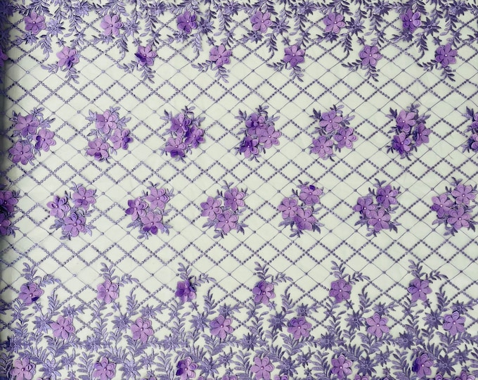Mia Fabrics Inc, Lilac 3D Floral-Flower With Pearl, 3D Floral-Flower Bridal Wedding Lace Fabric by the Yard (Pick a Size)