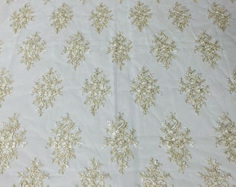 Ivory / Metallic Cluster Bead Fabric - Embroidered Flower Beaded Fabric Wedding Bridal Sold By Yard