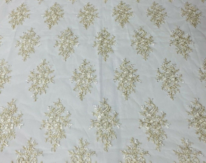 Ivory / Metallic Cluster Bead Fabric - Embroidered Flower Beaded Fabric Wedding Bridal Sold By Yard