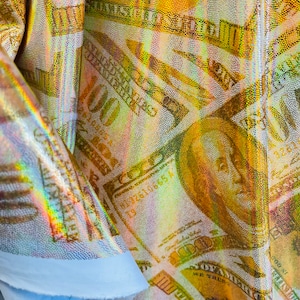 Metallic Gold Money Print Fabric: 100 Dollar Bills Stretch Spandex